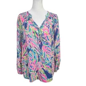 LILLY PULITZER Elsa Silk Top In Indigo Palm Reader Color. Size Small